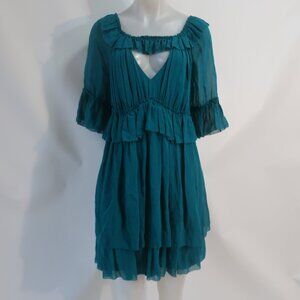 NWT Womens Temperly London 100% Silk Peacock Green Butterfly Layered Dress 10